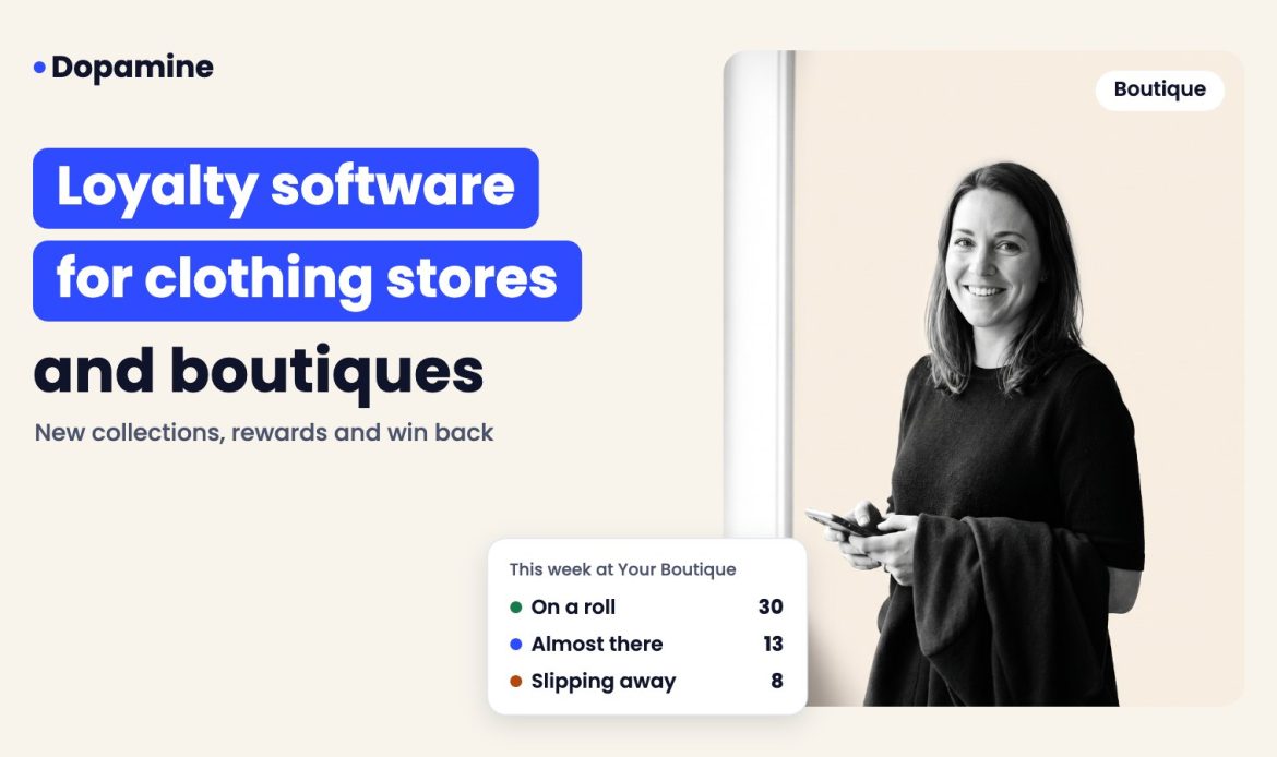Smiling boutique assistant, cover for loyalty program software for clothing stores and fashion boutiques