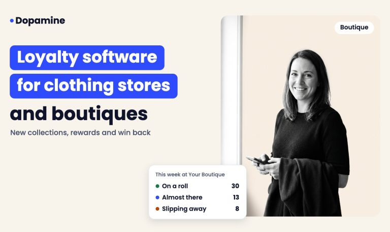 Smiling boutique assistant, cover for loyalty program software for clothing stores and fashion boutiques