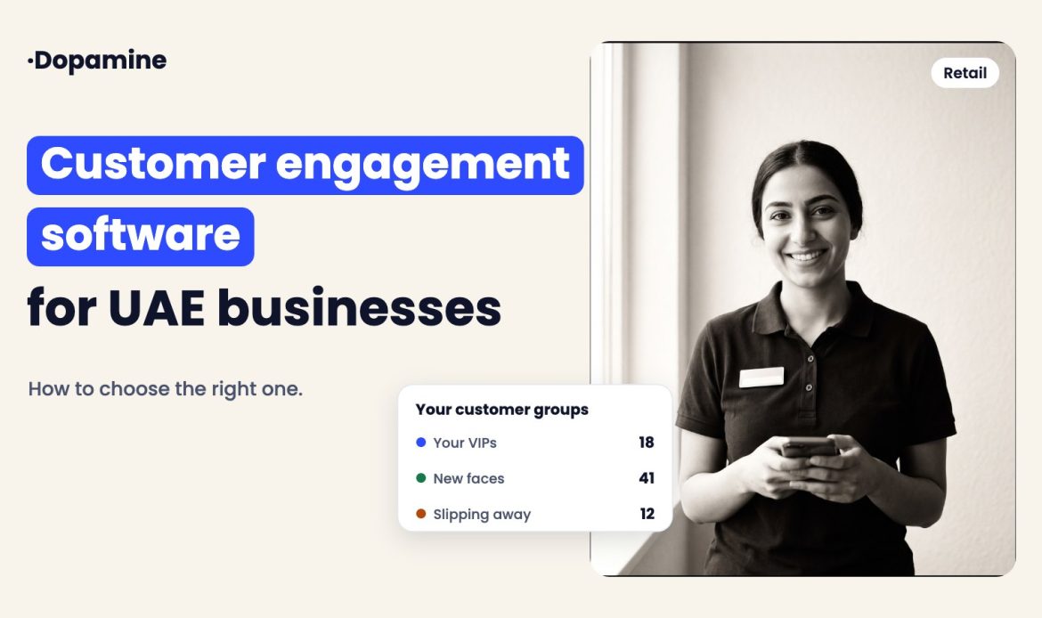 Customer engagement software for UAE businesses: retail store assistant with a phone and a view of customer groups