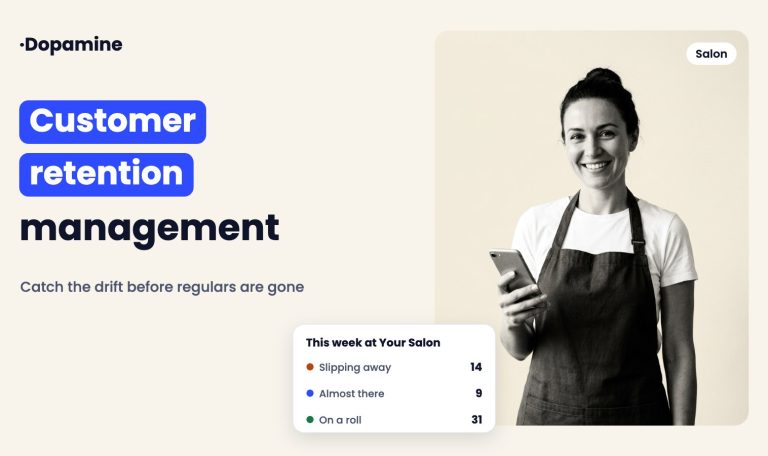 Smiling salon stylist in an apron holding a phone, next to a Dopamine card showing customers slipping away, almost there and on a roll