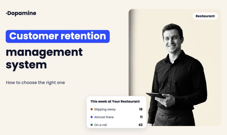 Smiling restaurant server holding a tablet, next to a Dopamine card showing customers slipping away, almost there and on a roll