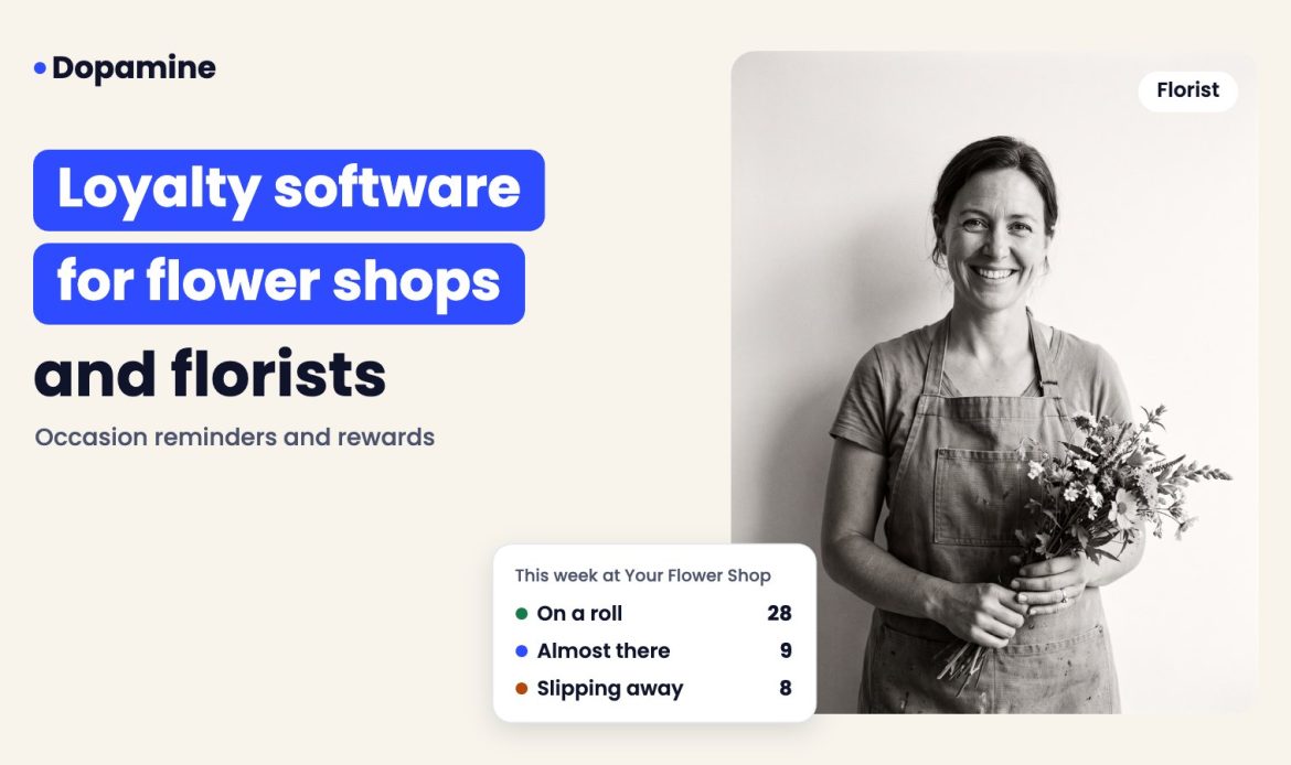 Smiling florist, cover for loyalty program software for flower shops and florists
