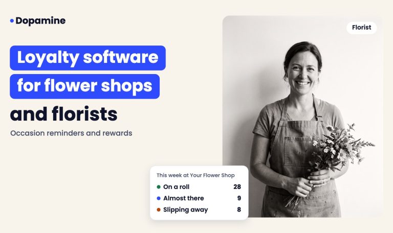 Smiling florist, cover for loyalty program software for flower shops and florists