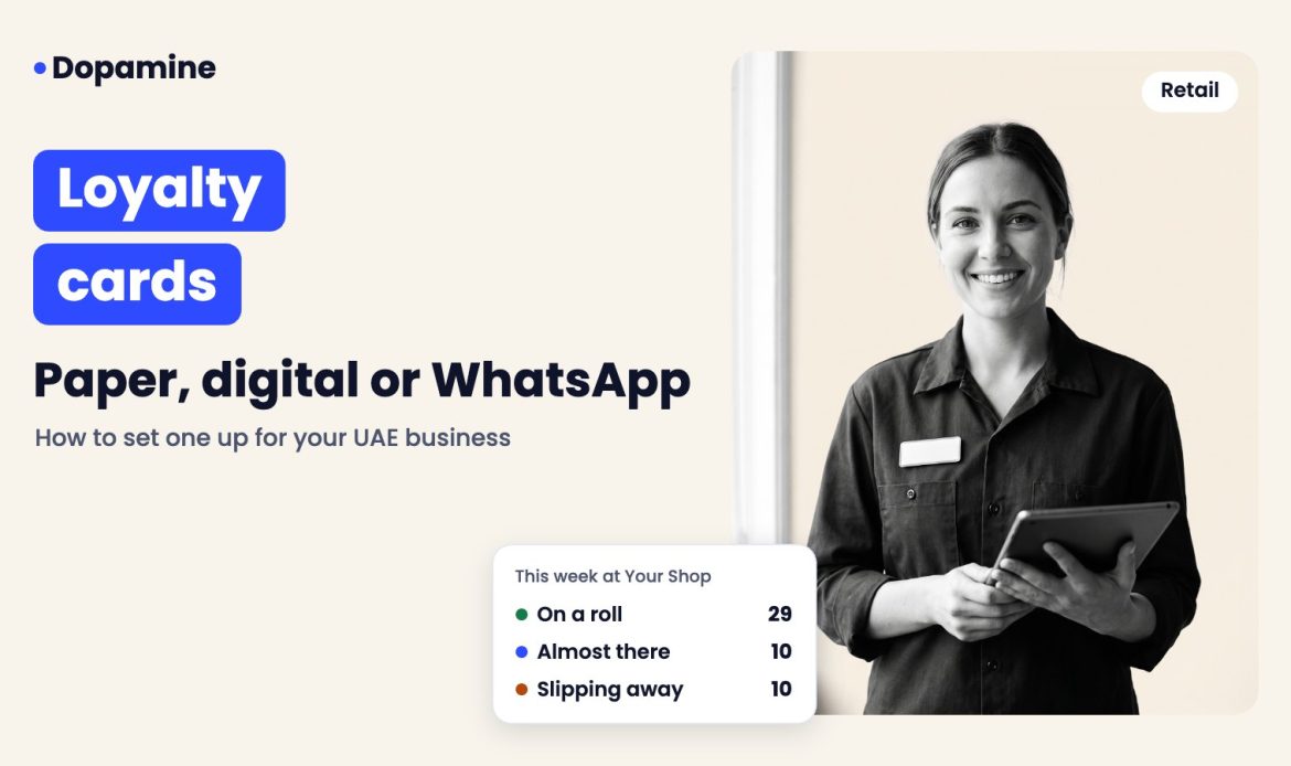 Smiling store assistant, cover for loyalty card for your uae business