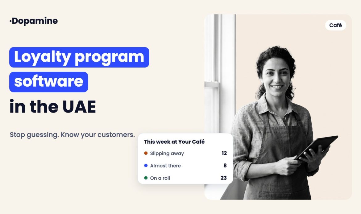 Loyalty program software in the UAE: café barista with a tablet and a weekly view of regulars slipping away, almost there and on a roll