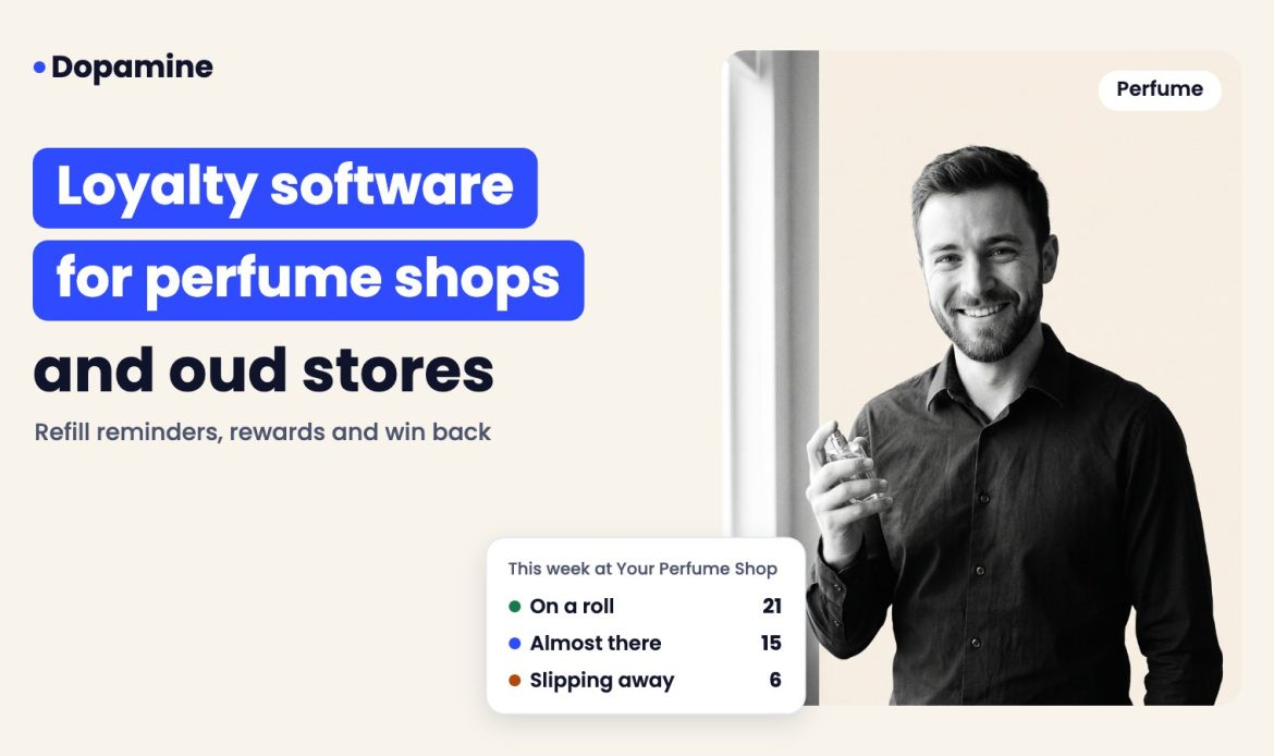 Smiling perfume shop assistant, cover for loyalty program software for perfume shops and oud stores
