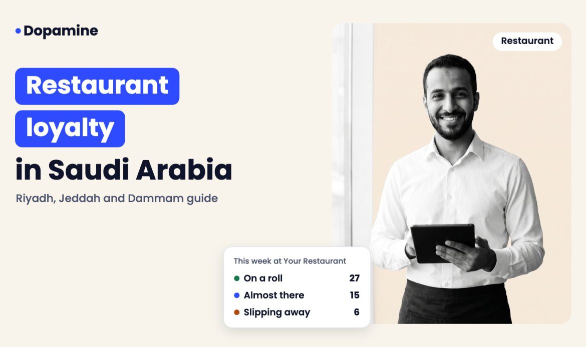 Smiling restaurant server holding a tablet, cover for restaurant loyalty program in Saudi Arabia