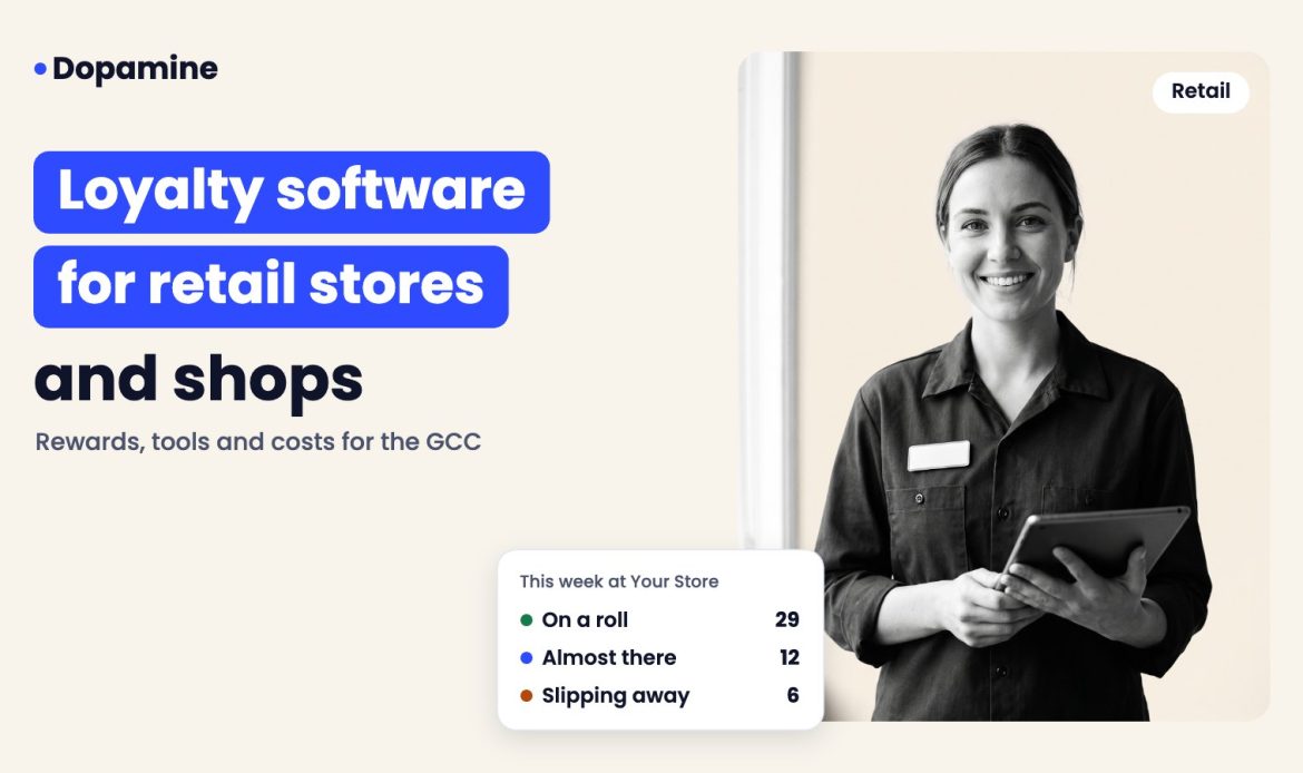 Smiling store assistant, cover for loyalty program software for retail stores