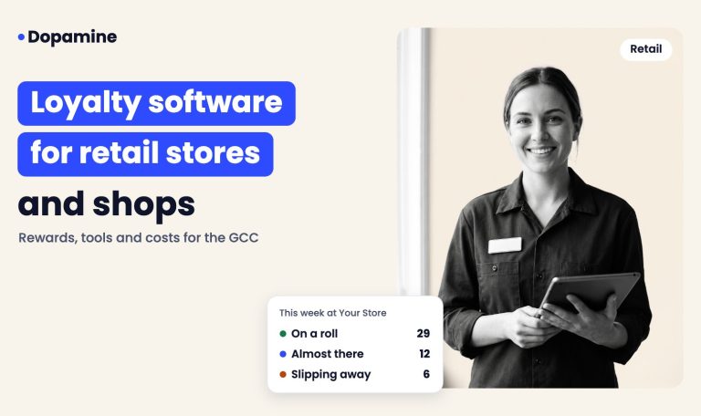Smiling store assistant, cover for loyalty program software for retail stores