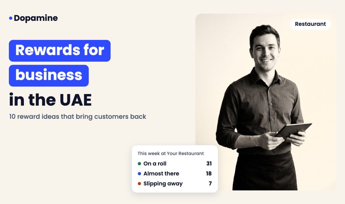 Smiling restaurant server holding a tablet, cover for rewards for business in the UAE
