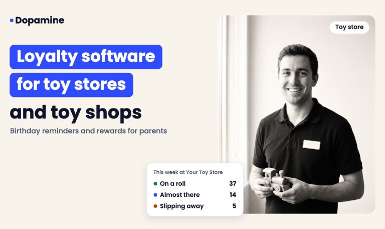 Smiling toy store assistant, cover for loyalty program software for toy stores