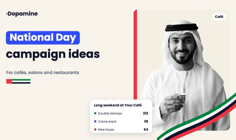 Smiling Emirati man in a white kandura and ghutra holding an Arabic coffee cup, with UAE flag colour ribbons and a Dopamine card showing double stamps, customers who came back and new faces over the National Day weekend