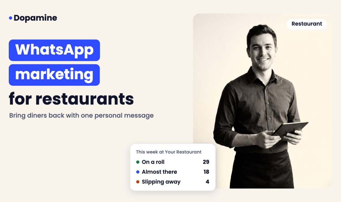 Smiling restaurant server, cover for whatsapp marketing for restaurants