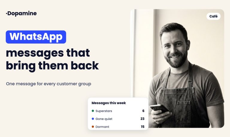 Smiling barista in an apron holding a phone, next to a Dopamine card showing messages for superstars, gone quiet and dormant customers
